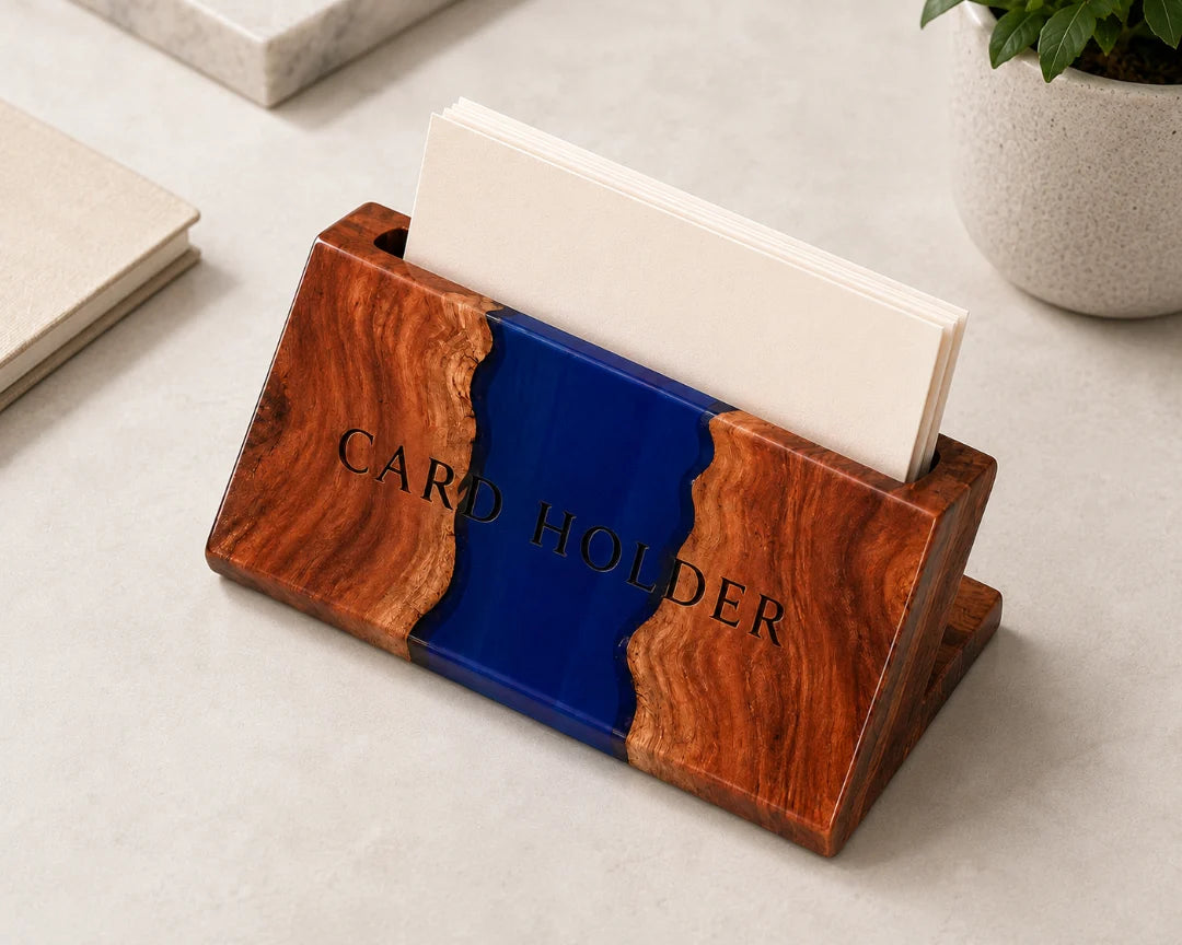 BC05 Blue Channel sapphire blue epoxy business card holder with handcrafted resin and natural-grain detail