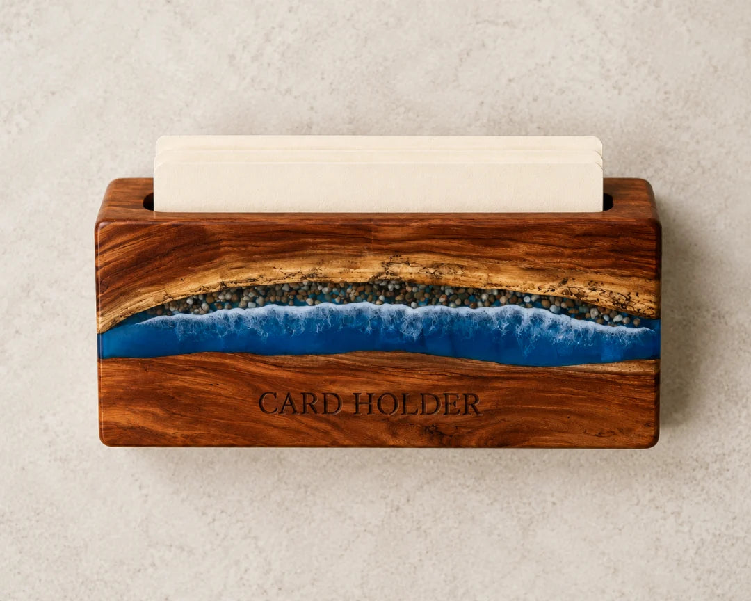 BC06 Coastal Line ocean blue and pearl white epoxy business card holder with handcrafted resin and natural-grain detail