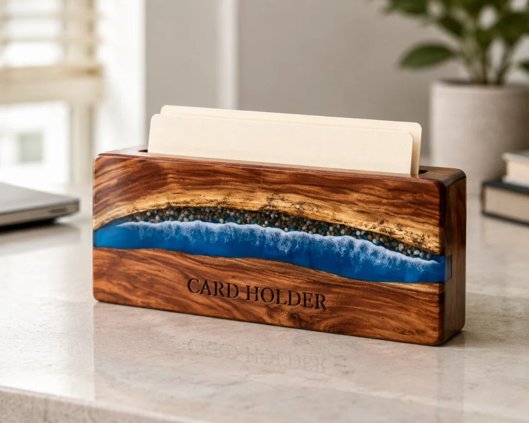 Coastal Line Ocean Blue and Pearl White Epoxy Business Card Holder BC06