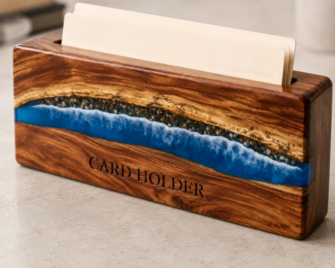 Coastal Line Ocean Blue and Pearl White Epoxy Business Card Holder BC06