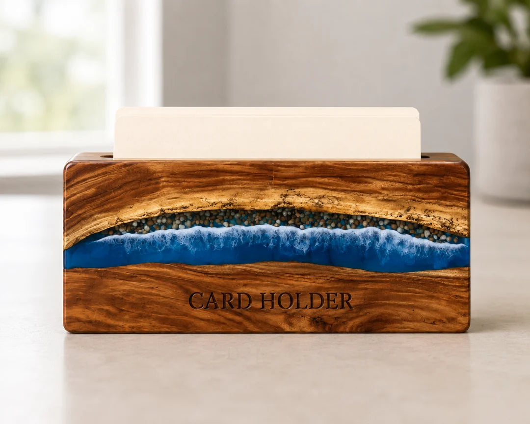Coastal Line Ocean Blue and Pearl White Epoxy Business Card Holder BC06
