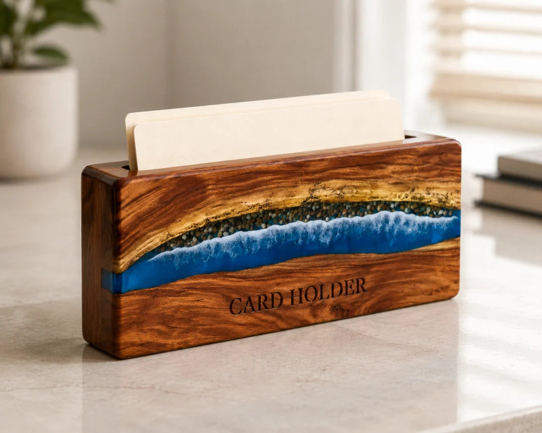 Coastal Line Ocean Blue and Pearl White Epoxy Business Card Holder BC06