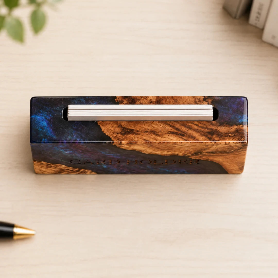 BC07 Galaxy Front galaxy blue epoxy business card holder with handcrafted resin and natural-grain detail