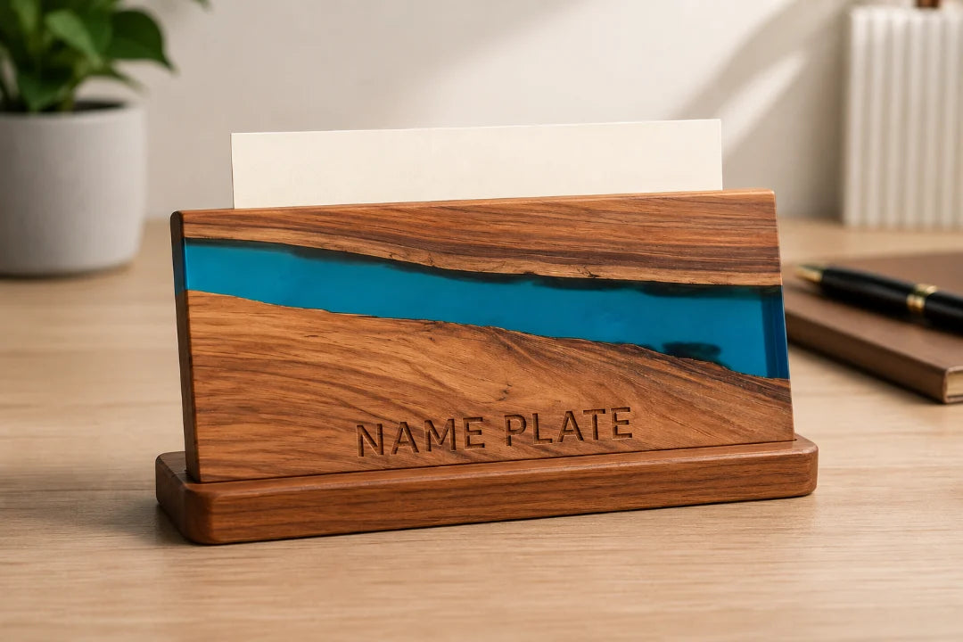 BC09 Teal Horizon turquoise epoxy nameplate and card holder with handcrafted resin and natural-grain detail