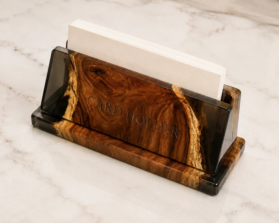 BC10 Midnight Base jet black epoxy nameplate and card holder with handcrafted resin and natural-grain detail