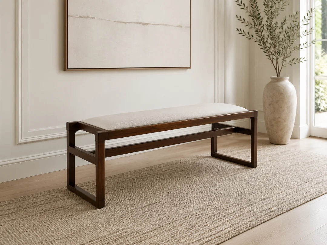 BN01 long wood bench with open rectangular frame and clean solid wood seat