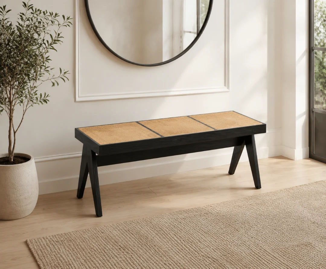 BN02 black wood bench with four natural woven cane panels