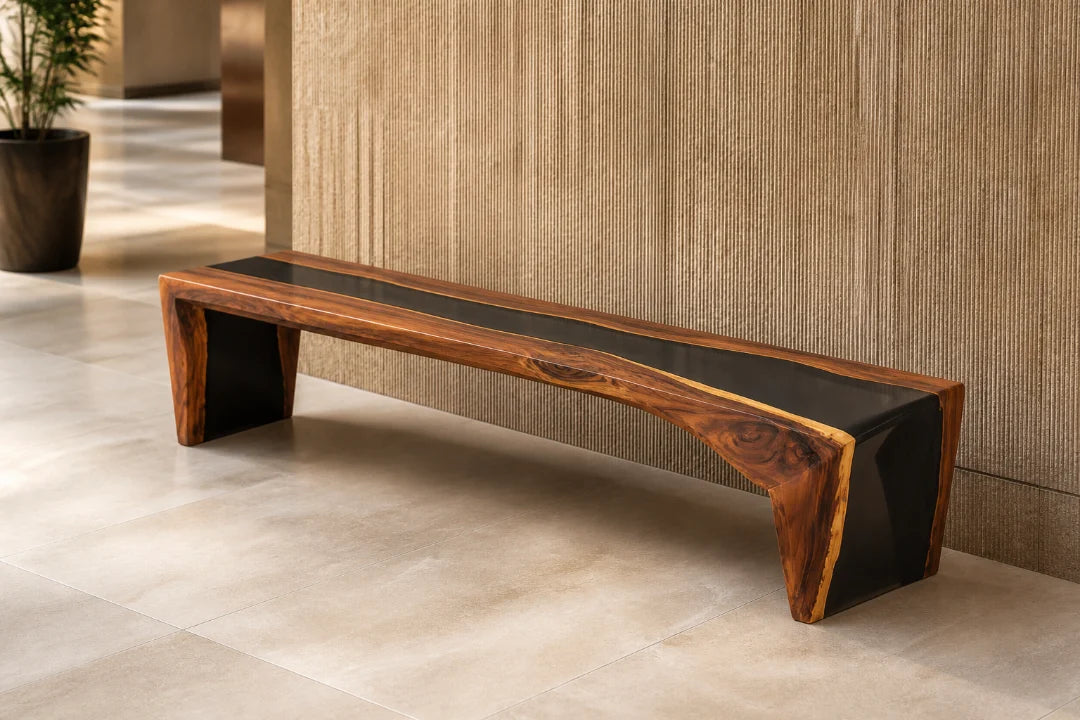 BN03 wood waterfall bench with deep black end panels and live×edge grain