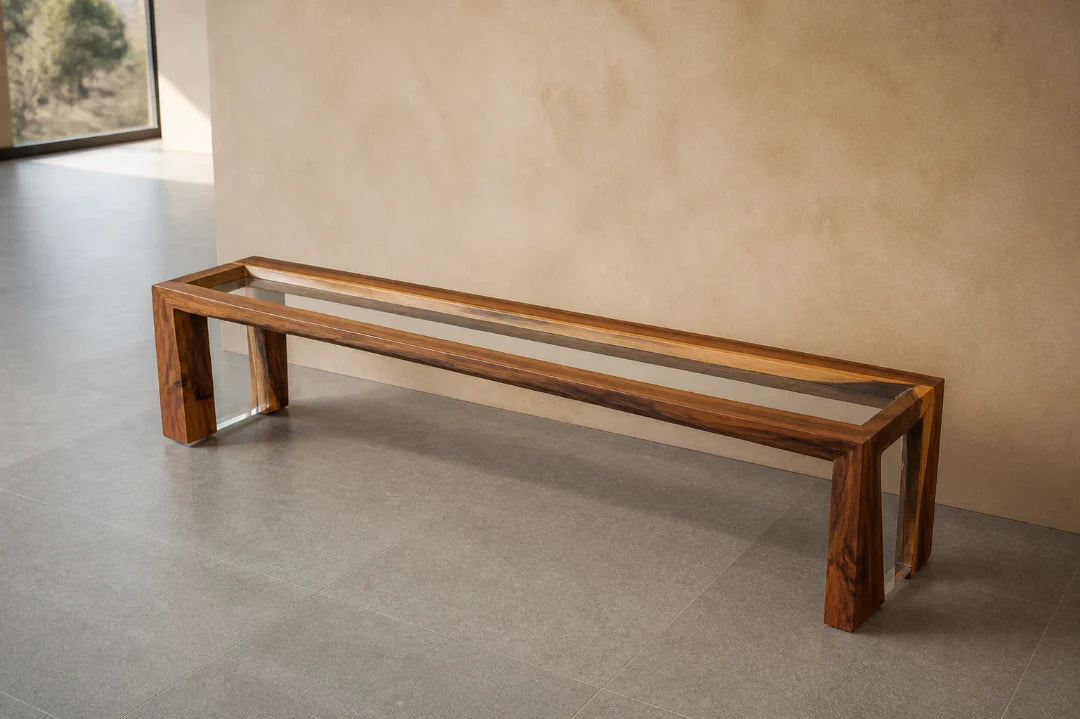 BN04 wood bench with a narrow crystal×clear epoxy river through the seat