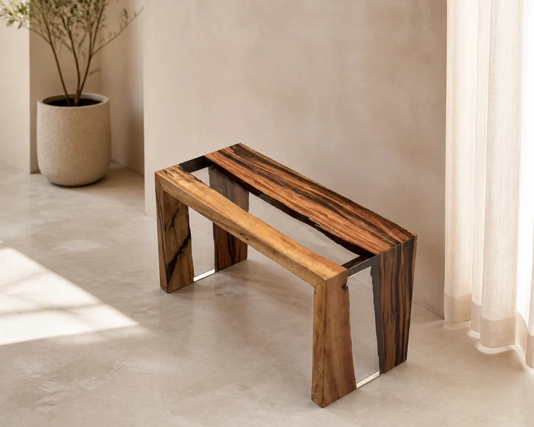 BN05 wood slab bench with crystal×clear epoxy channel between two wood sections