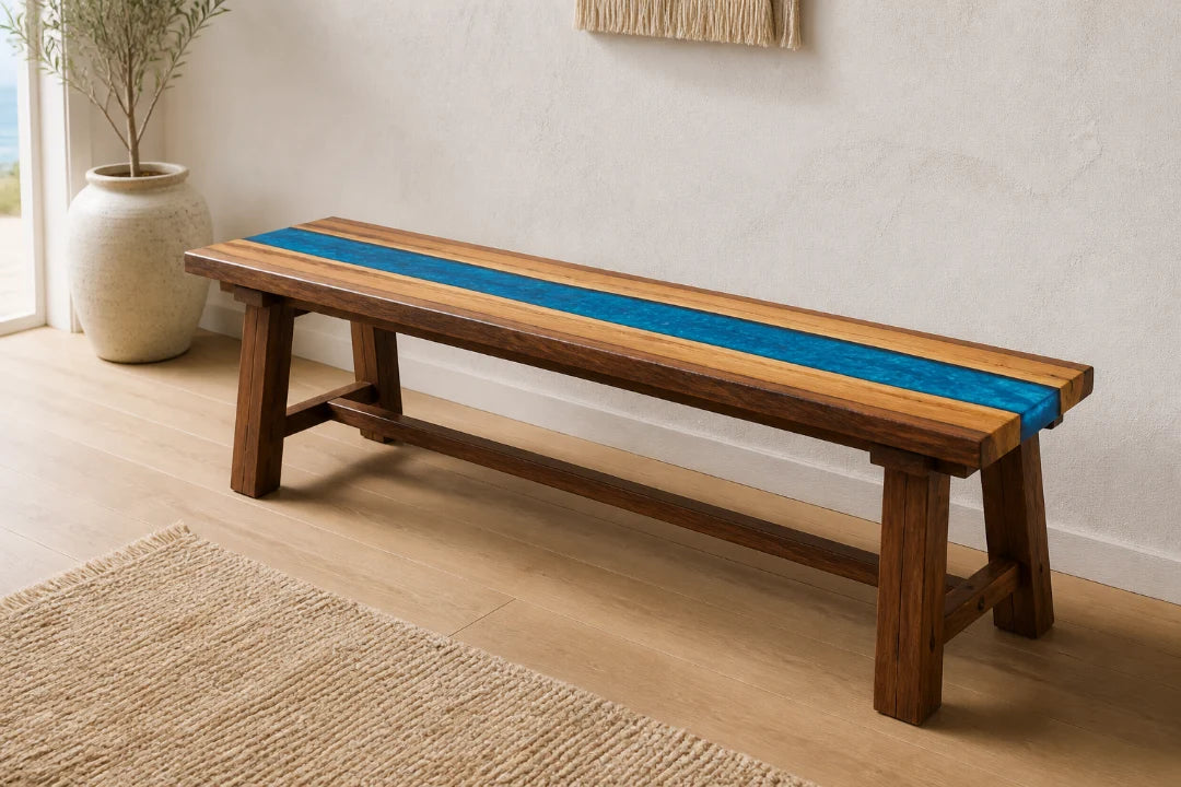 BN06 wood bench with a long ocean×blue epoxy stripe through the seat