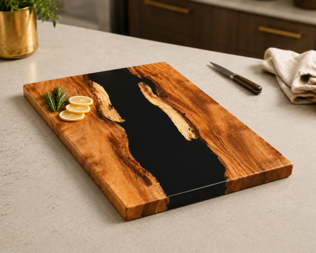CB02 Black River jet black epoxy cutting board with handcrafted resin and natural-grain detail