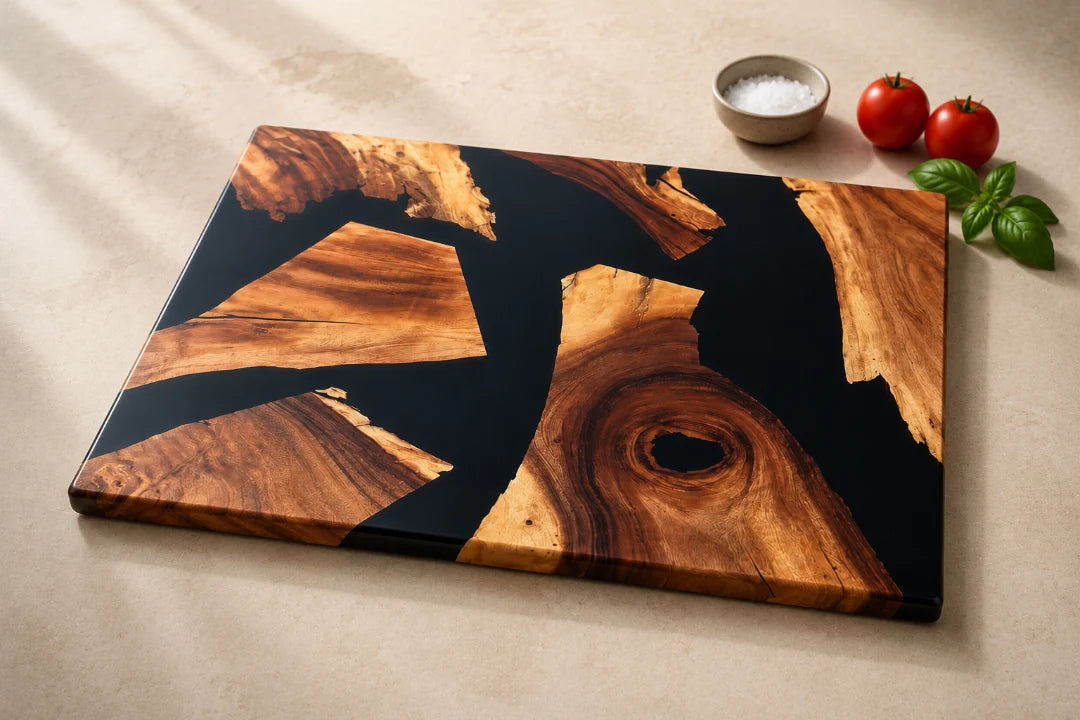 CB03 Black Fragment jet black epoxy cutting board with handcrafted resin and natural-grain detail