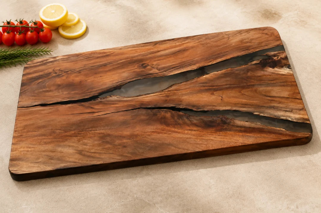 CB04 Smoke Seam smoky gray epoxy cutting board with handcrafted resin and natural-grain detail