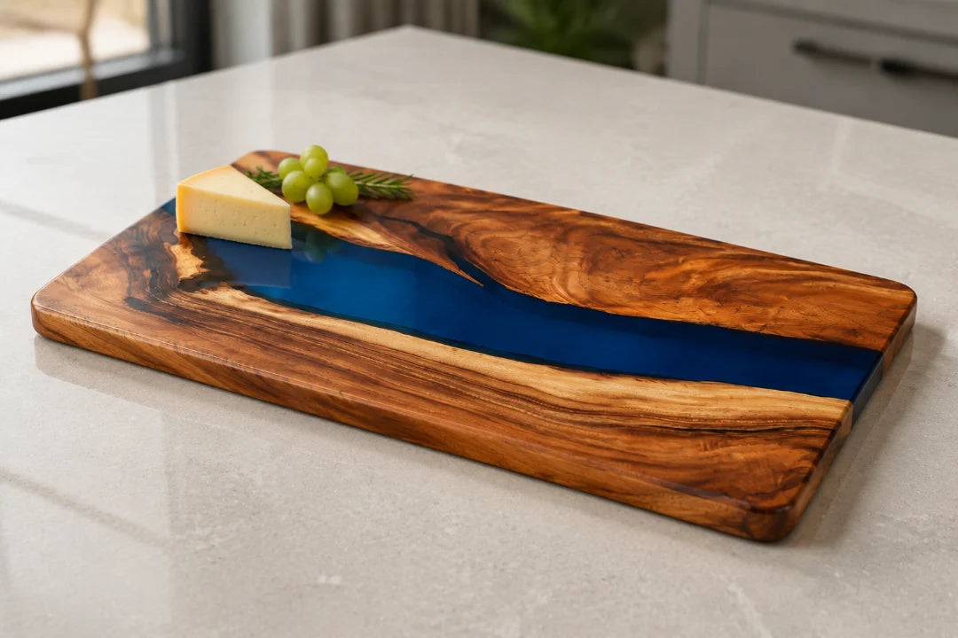 CB05 Cobalt Curve royal blue epoxy cutting board with handcrafted resin and natural-grain detail