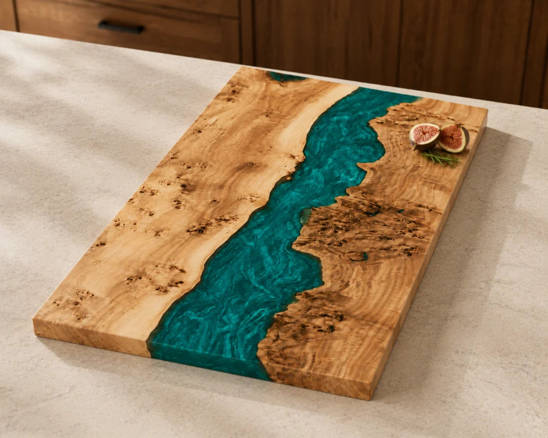 CB07 Teal Canyon turquoise epoxy cutting board with handcrafted resin and natural-grain detail