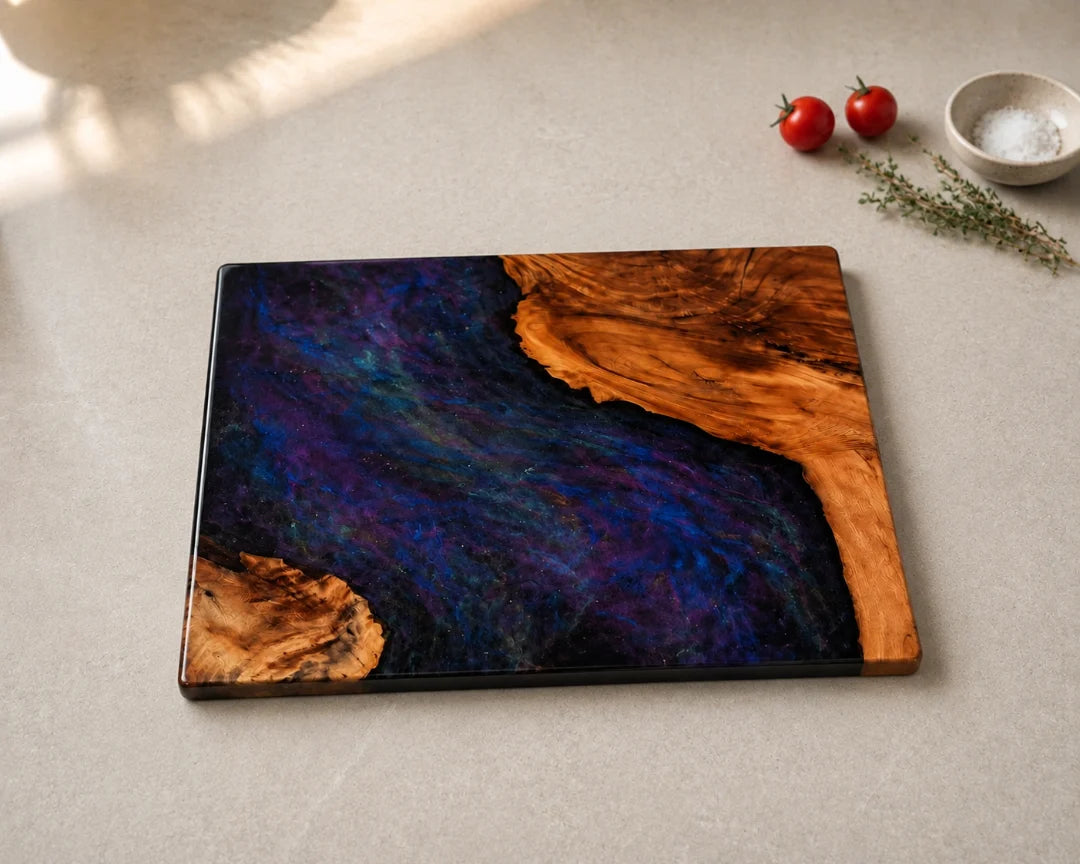 CB08 Galaxy Field galaxy blue epoxy cutting board with handcrafted resin and natural-grain detail