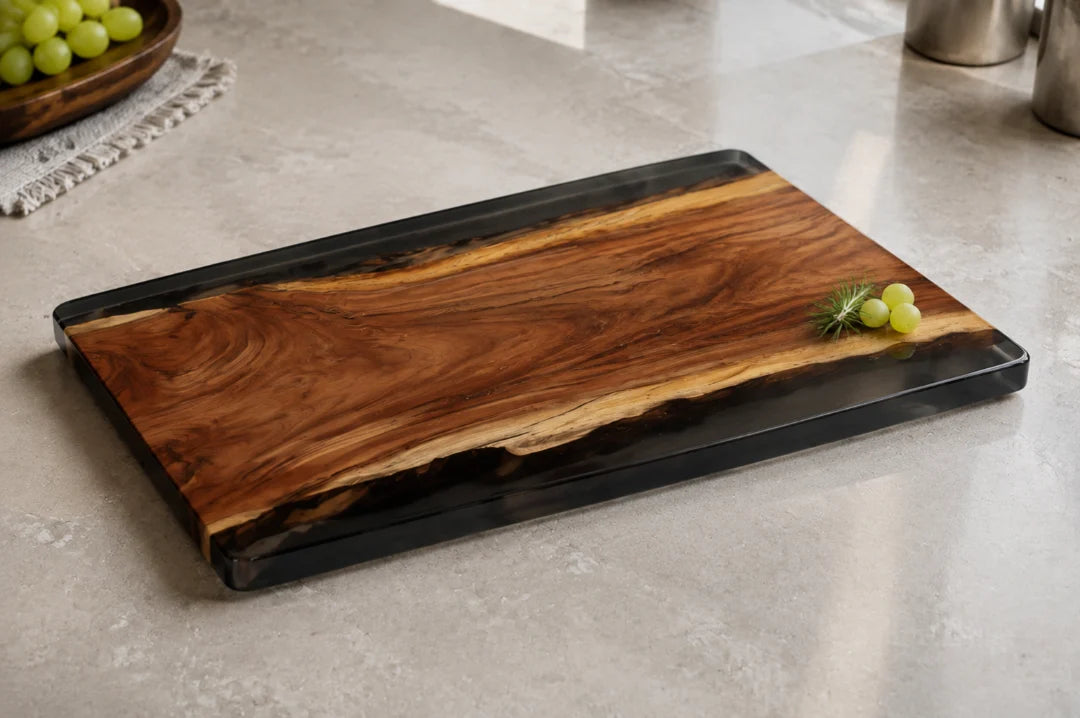 CB09 Midnight Frame jet black epoxy cutting board with handcrafted resin and natural-grain detail