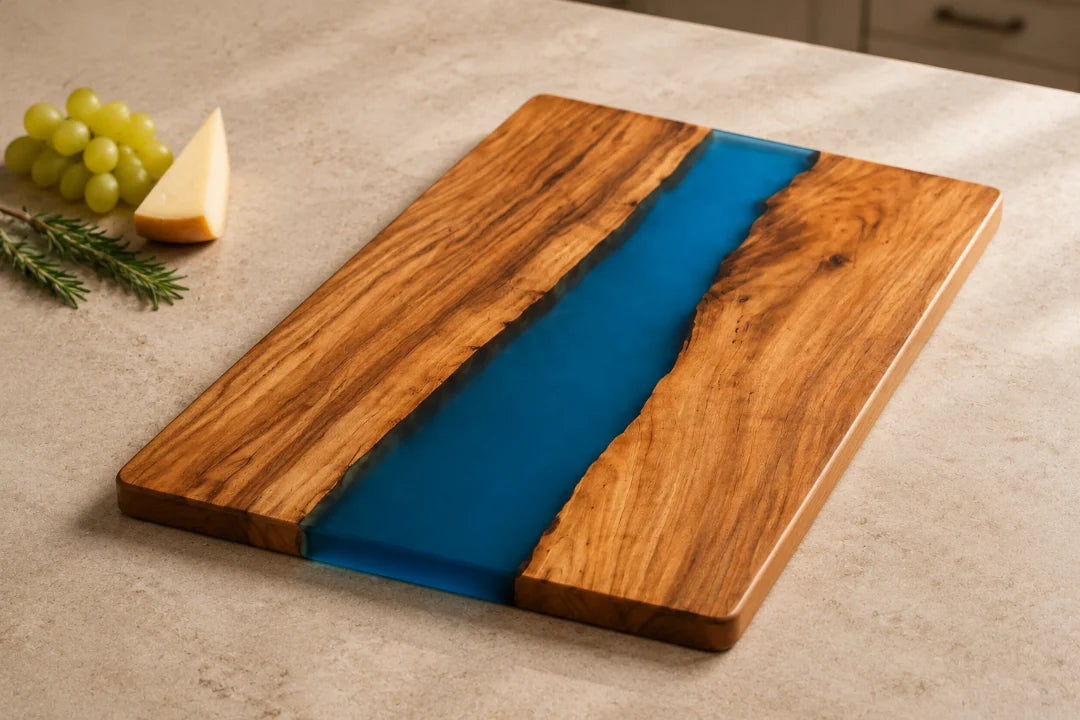 CB10 Azure Center ocean blue epoxy cutting board with handcrafted resin and natural-grain detail