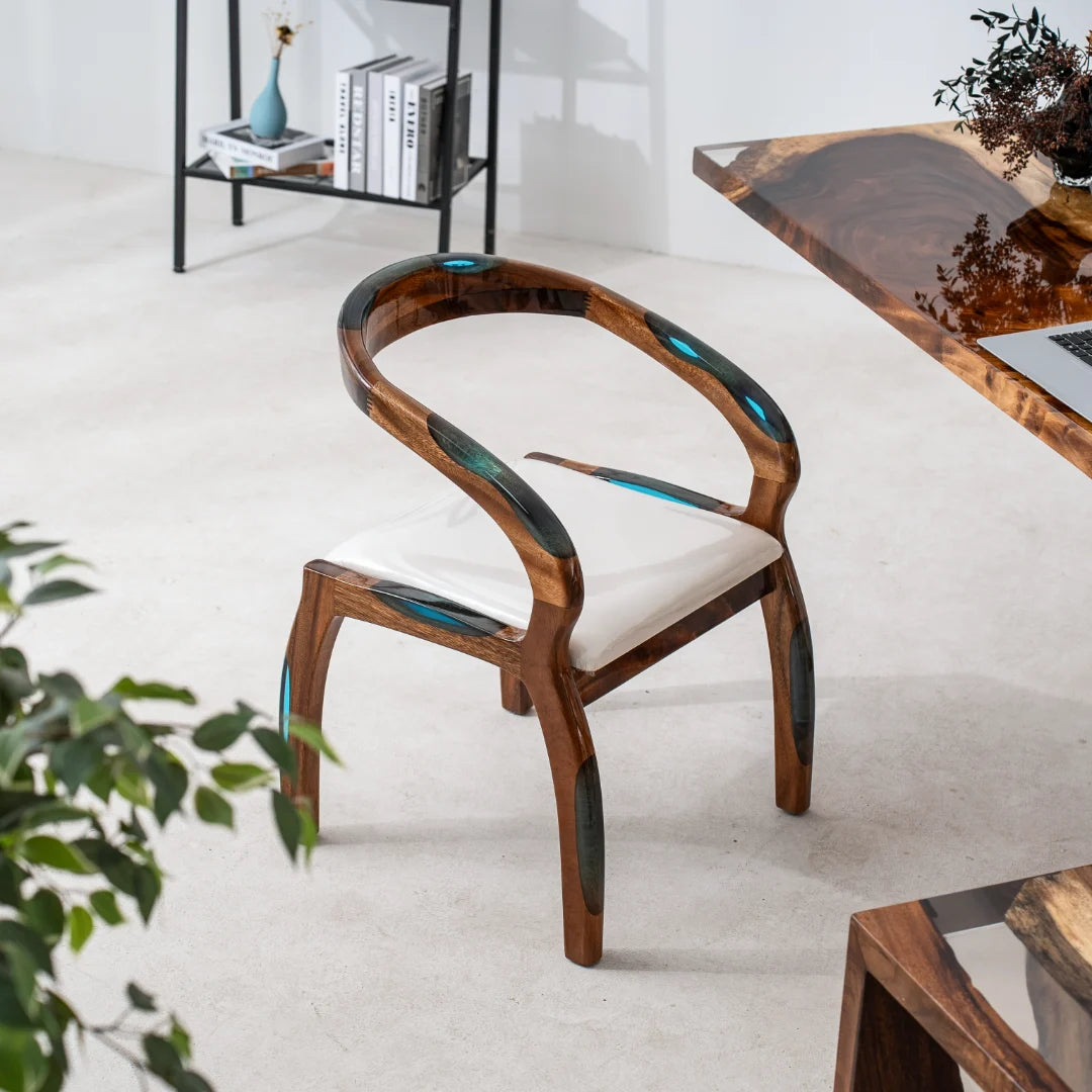 CH01 turquoise inlay wood armchair with a white upholstered seat