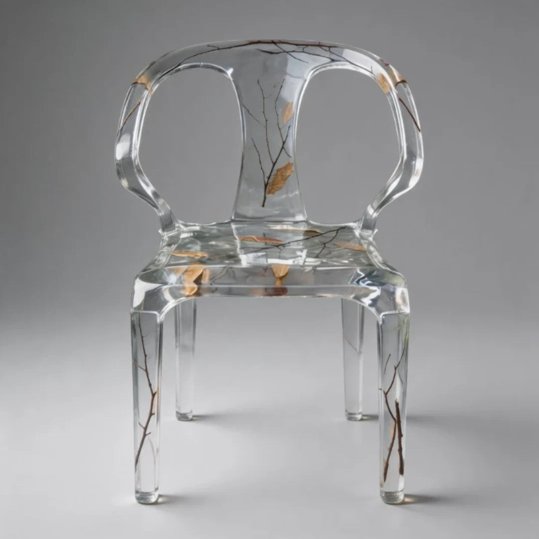 CH04 crystal×clear resin chair with fine dark twig inlays throughout the frame