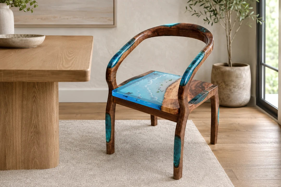 CH06 wood epoxy chair with turquoise resin on the curved frame and seat
