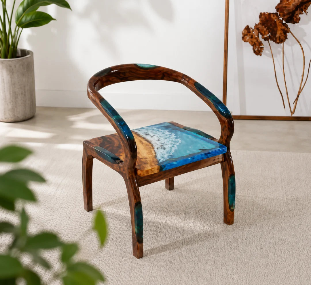 CH07 wood epoxy chair with ocean×blue resin and pearl×white surf on the seat
