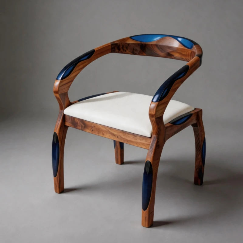 CH08 wood armchair featuring navy×blue oval resin inlays and white upholstery