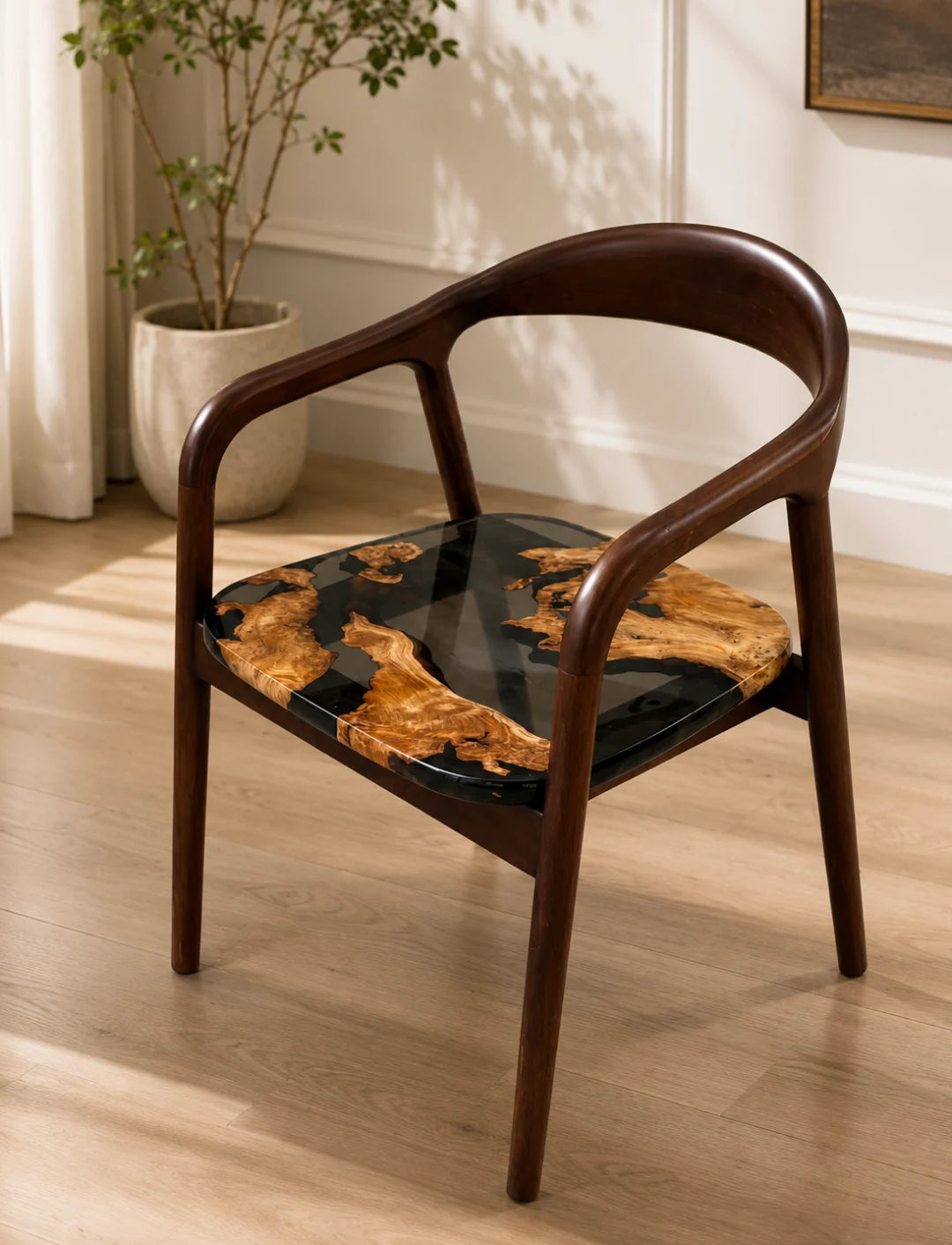 CH10 wood armchair with black resin seat and golden burl wood inlays