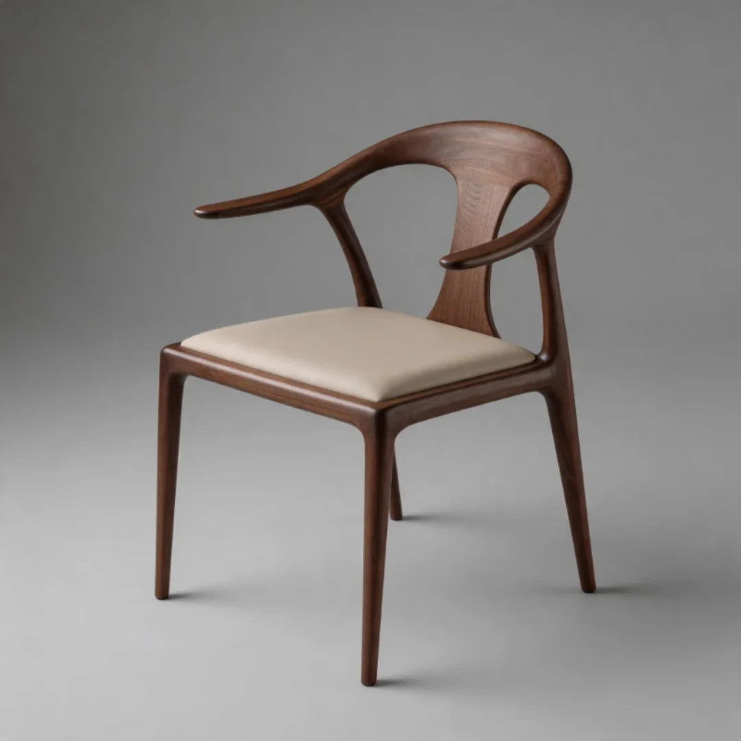 CH13 wood dining chair with open arms and a beige upholstered cushion