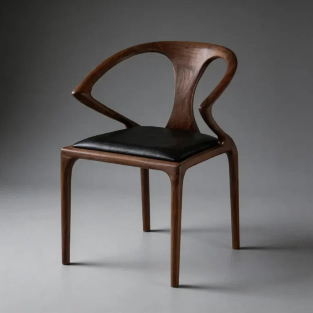 CH14 curved wood chair with open back and black upholstered cushion