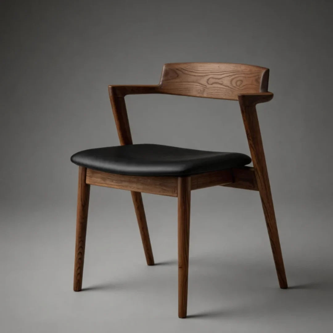 CH19 wood chair with offset open back and black upholstered seat