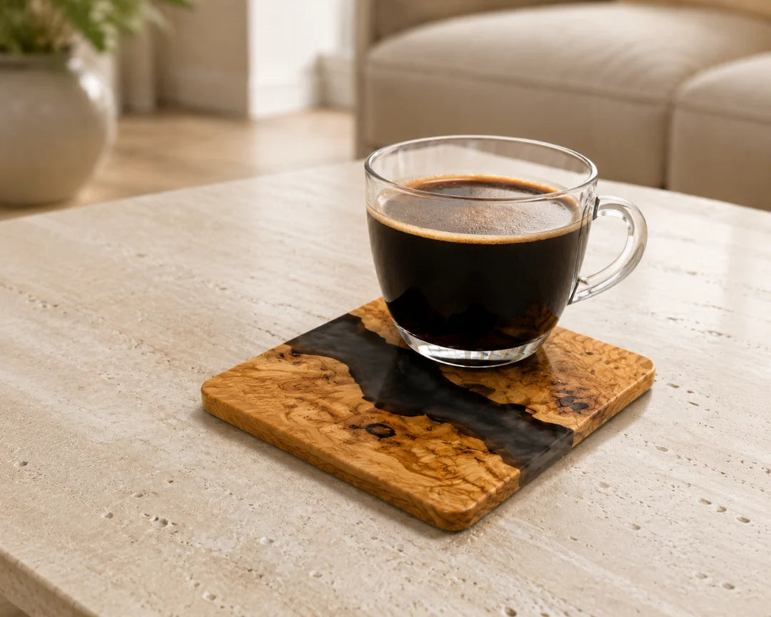 COA01 Smoke Stream smoky black epoxy coaster with handcrafted resin and natural-grain detail