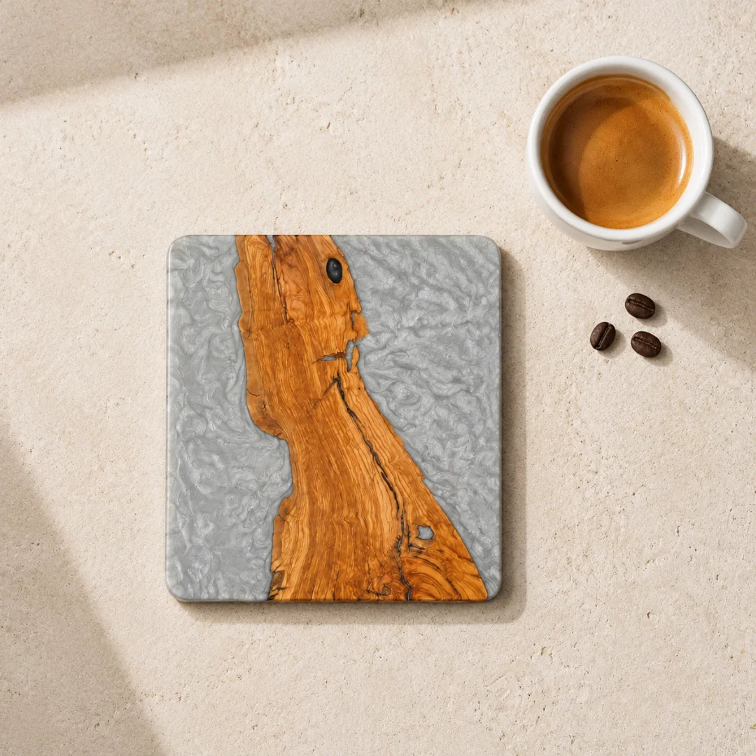 COA02 Silver Coast silver gray epoxy coaster with handcrafted resin and natural-grain detail