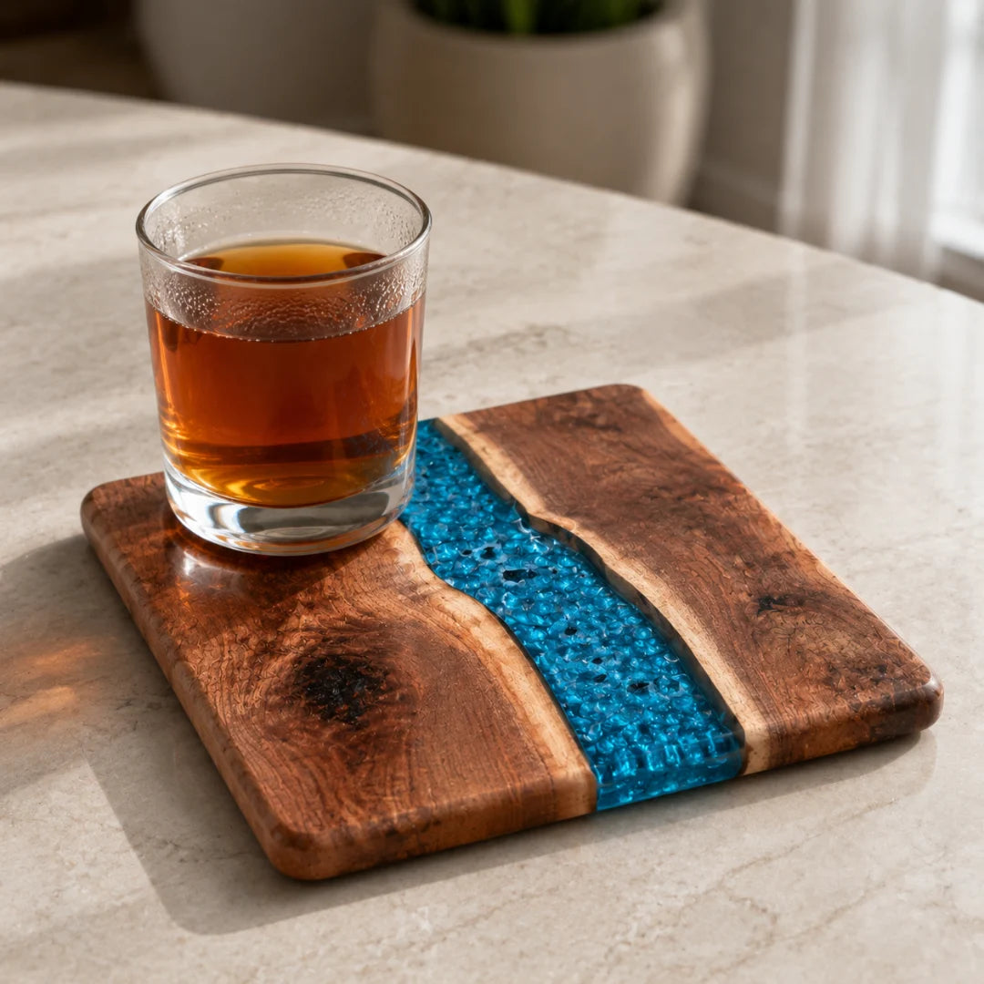 COA04 Blue Spark crystal blue epoxy coaster with handcrafted resin and natural-grain detail