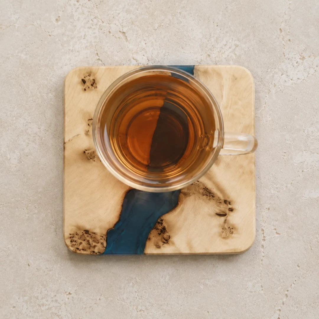 COA06 Ice Channel crystal blue epoxy coaster with handcrafted resin and natural-grain detail