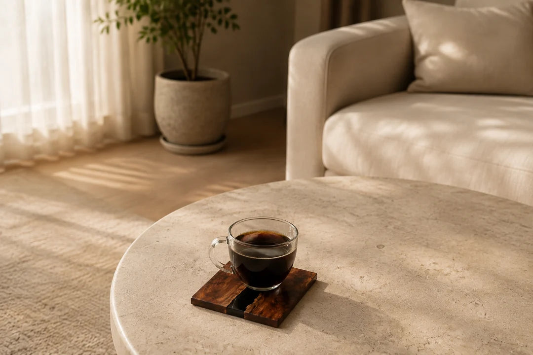 COA08 Dark Square smoky black epoxy coaster with handcrafted resin and natural-grain detail