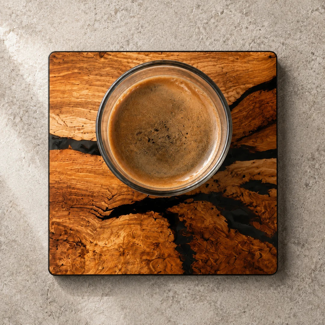 COA10 Black Branch jet black epoxy coaster with handcrafted resin and natural-grain detail