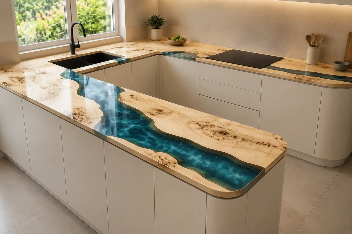 CPTC01 Coastal Arc Turquoise Blue Poplar Wood Epoxy Countertop featuring handcrafted poplar wood and turquoise blue resin for a u-shaped kitchen