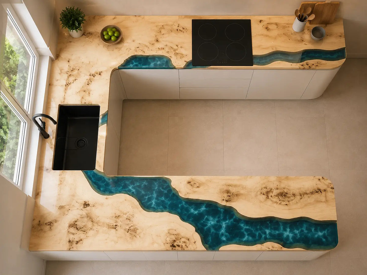 Coastal Arc Turquoise Blue Poplar Wood Epoxy Countertop CPT01