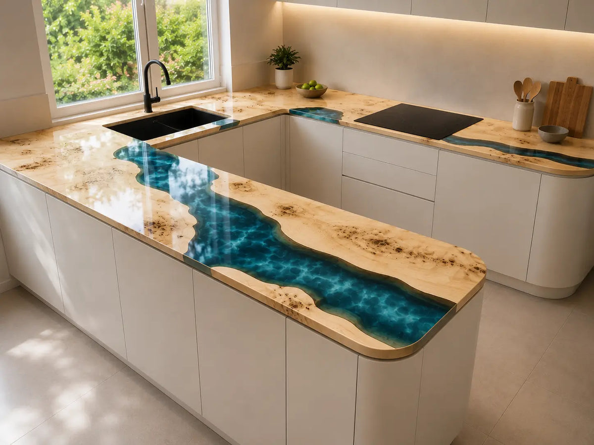 Coastal Arc Turquoise Blue Poplar Wood Epoxy Countertop CPT01
