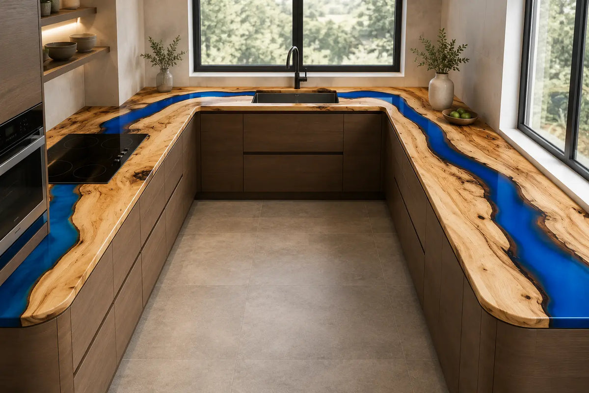 CPTC02 Cobalt Bend Cobalt Blue Poplar Wood Epoxy Countertop featuring handcrafted poplar wood and cobalt blue resin for a u-shaped kitchen