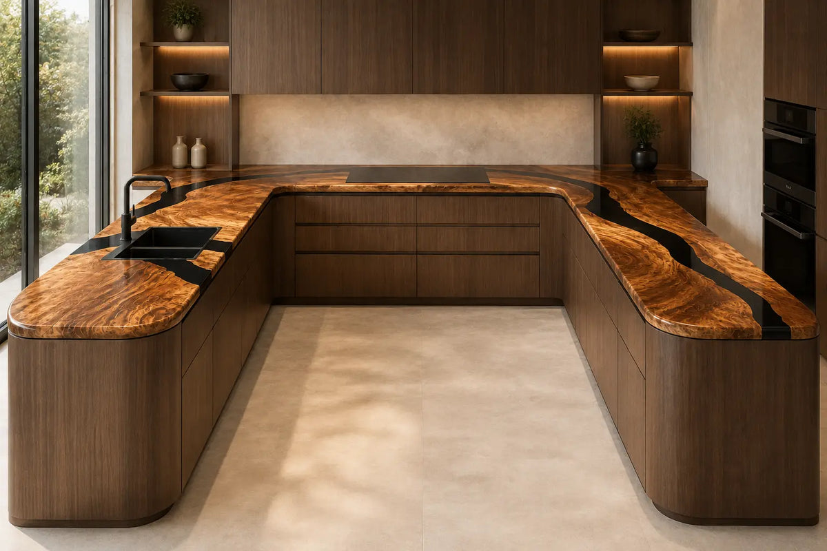 CPTC03 Obsidian Canyon Black Walnut Wood Epoxy Countertop featuring handcrafted walnut wood and black resin for a u-shaped kitchen