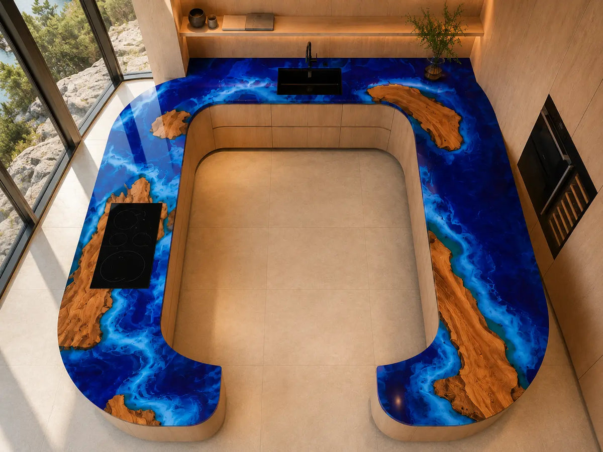 CPTC04 Electric Cove Electric Blue Olive Wood Epoxy Countertop featuring handcrafted olive wood and electric blue resin for a u-shaped kitchen