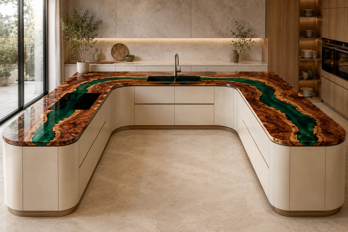 CPTC05 Emerald Haven Emerald Green Walnut Wood Epoxy Countertop featuring handcrafted walnut wood and emerald green resin for a u-shaped kitchen