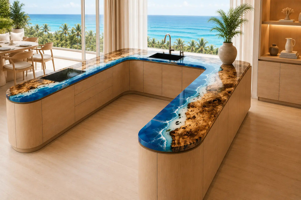 Blue Lagoon Ocean Blue Poplar Wood Epoxy Countertop CPT06