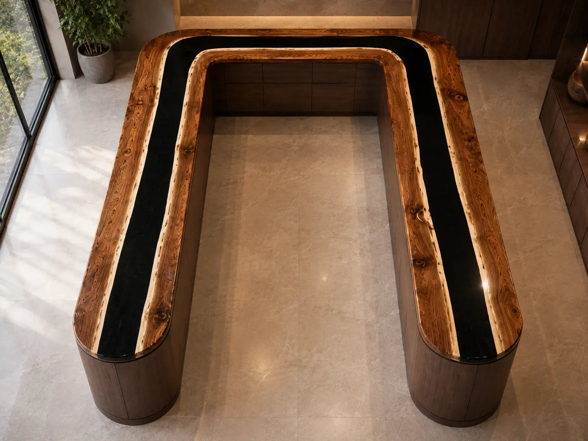 CPTC08 Midnight Circuit Black Walnut Wood Epoxy Countertop featuring handcrafted walnut wood and black resin for a u-shaped kitchen