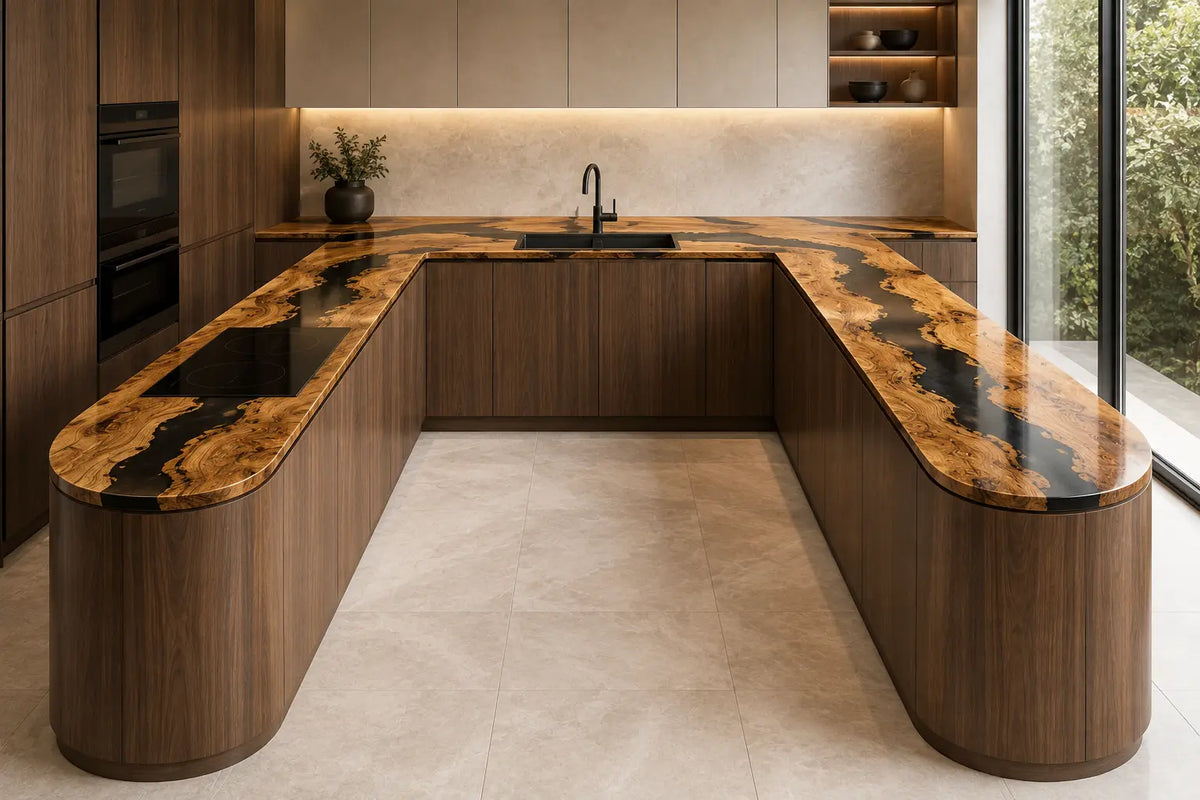 CPTC09 Black Current Black Poplar Wood Epoxy Countertop featuring handcrafted poplar wood and black resin for a kitchen peninsula