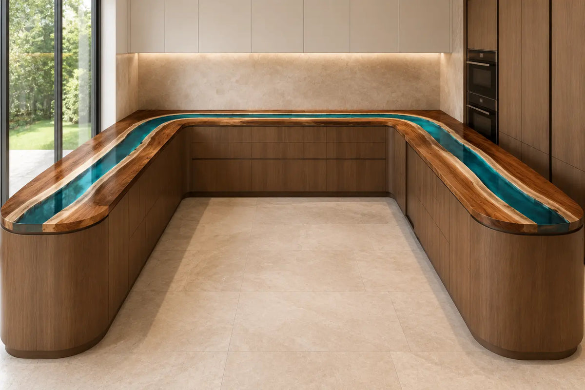 CPTC10 Turquoise Ribbon Turquoise Walnut Wood Epoxy Countertop featuring handcrafted walnut wood and turquoise resin for a u-shaped kitchen