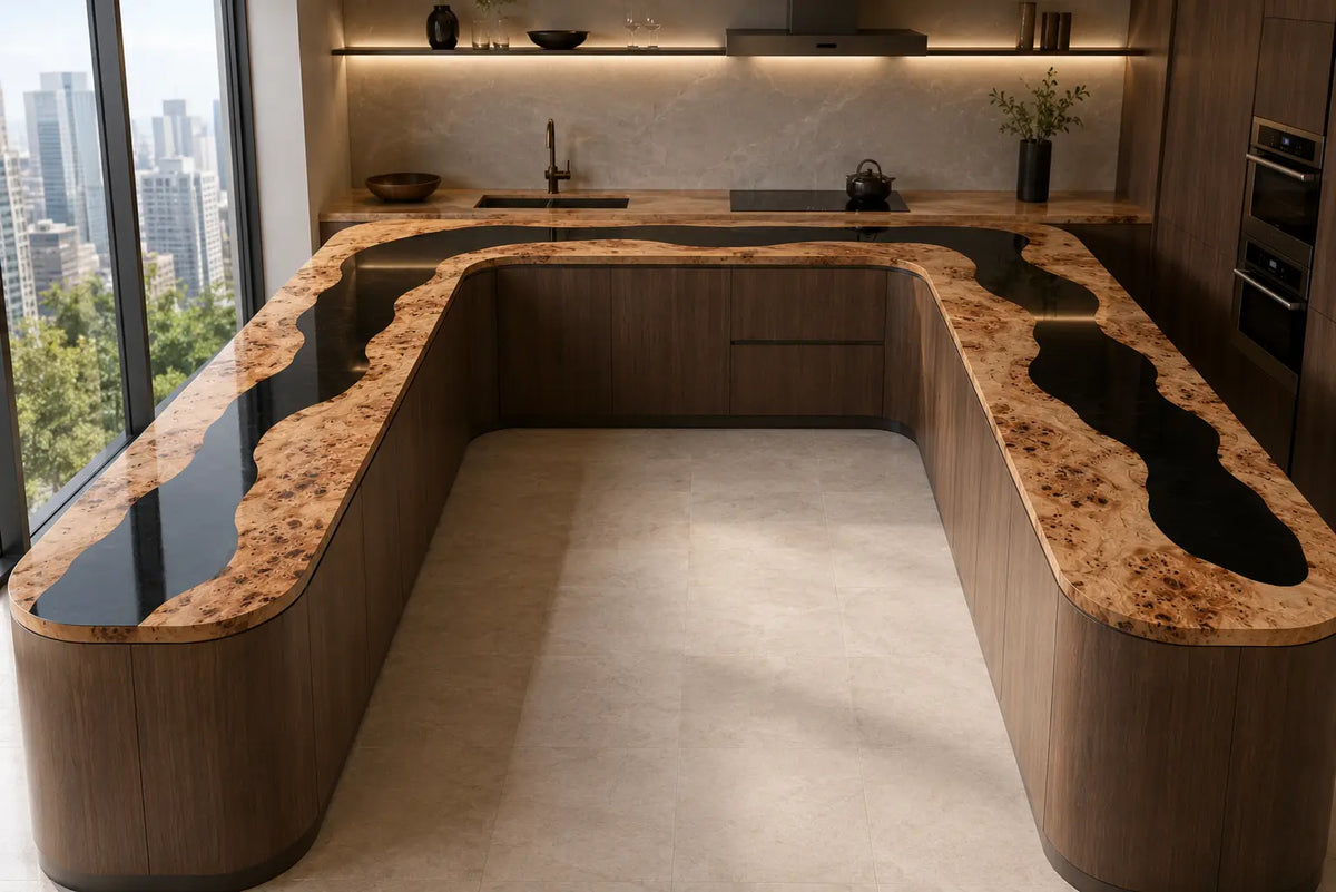 CPTC11 Obsidian Fjord Black Poplar Wood Epoxy Countertop featuring handcrafted poplar wood and black resin for a u-shaped kitchen